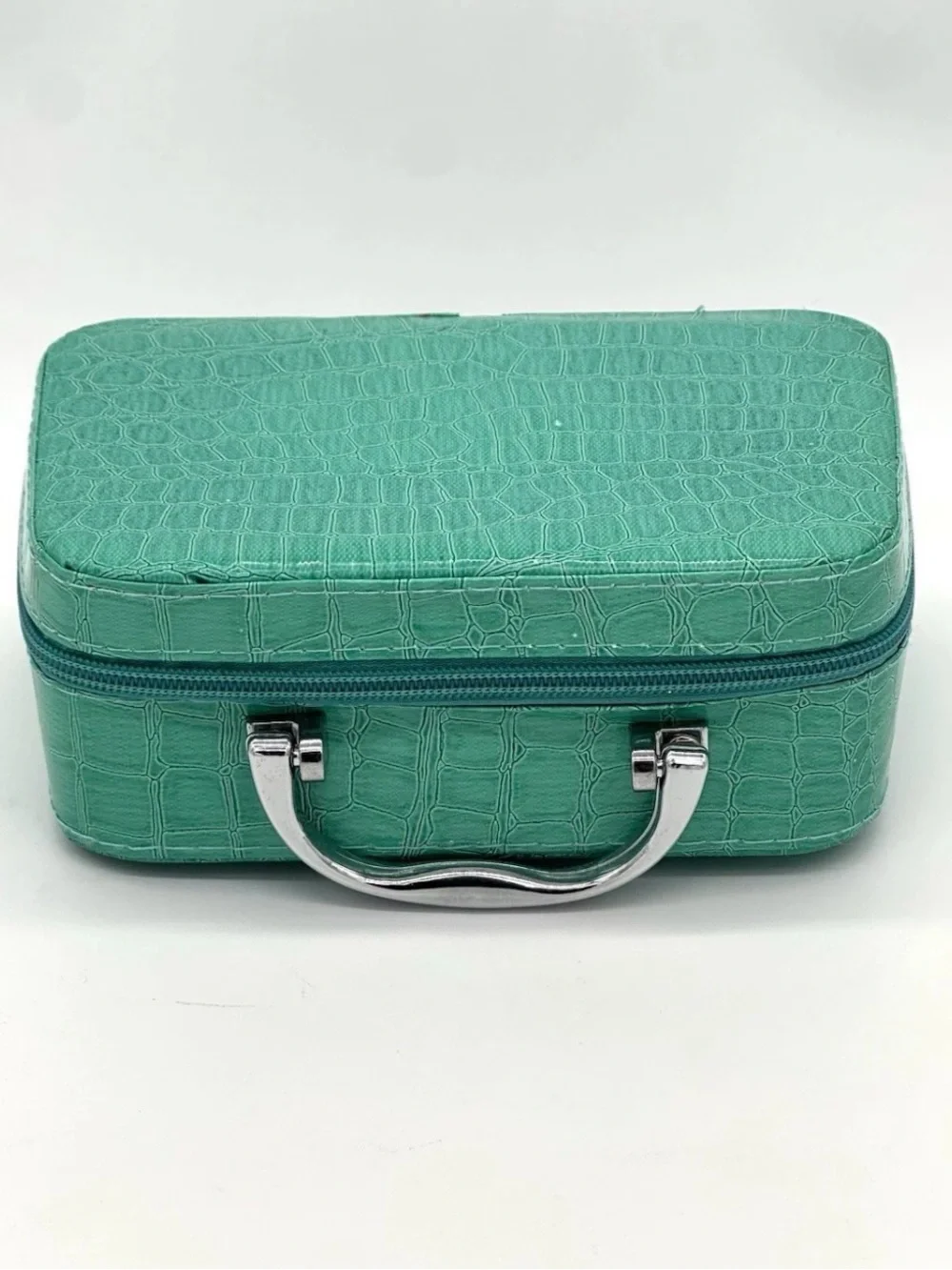 Green Croc-Embossed Travel Jewelry Cosmetic Case with Leopard Interior 4 pc Set